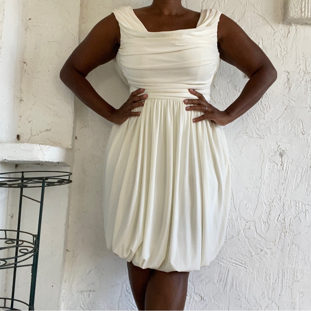 Maggy London White Grecian Style Roushing, Draping White Knee length Dress!